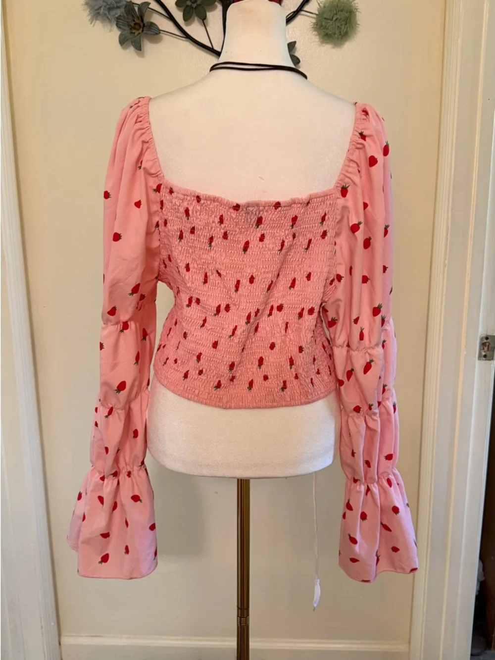 Pink Strawberry Smocked Square-Neck Crop Top plus size by SHEIN - Picture 9 of 13